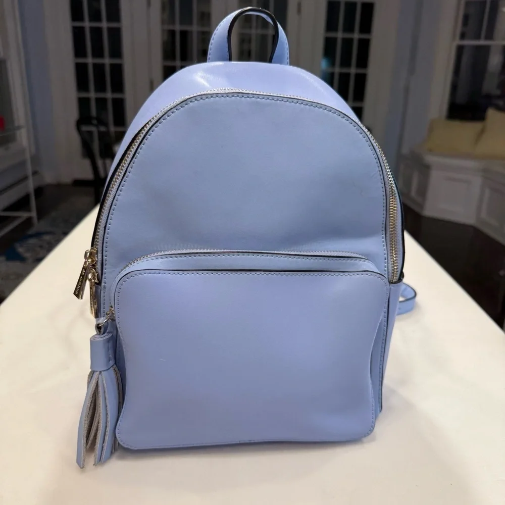 KC JAGGER Women’s Periwinkle Blue Leather Backpack, Front Zip Pocket Tassel